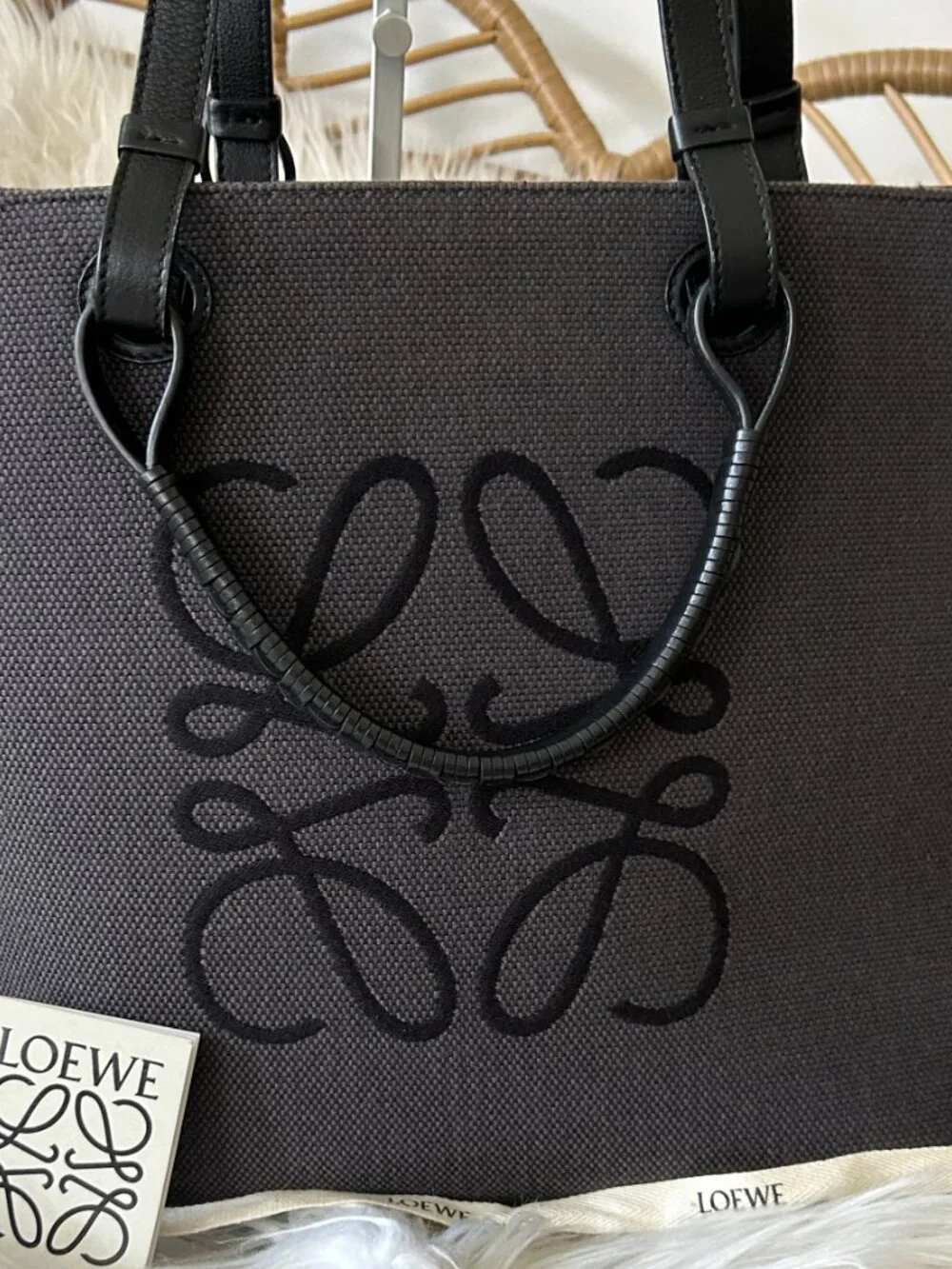 Loewe Anagram Tote in Leather & Canvas Black & Gray-Laptop, Travel, Work